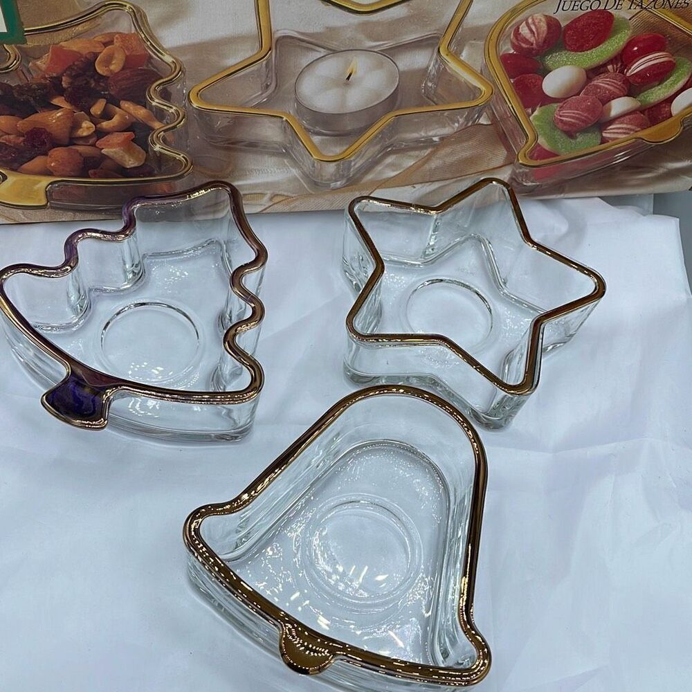 Vintage Indiana Glass three piece snack tea light bell tree star set.